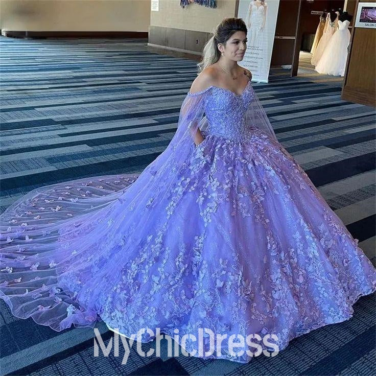 Ball Gown Lavender Quinceanera Dresses 3D Butterfly With Cloak