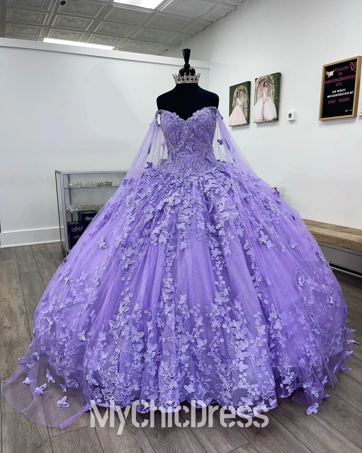 Ball Gown Lavender Quinceanera Dresses 3D Butterfly With Cloak