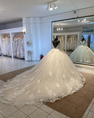 Ball Gown Long Sleeve Wedding Dress Lace Appliques with Long Train