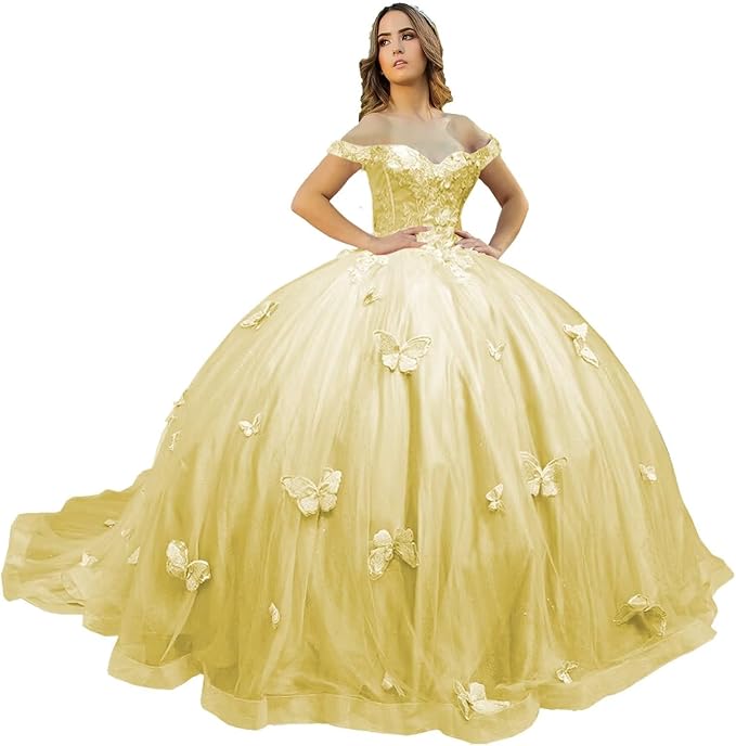 Ball Gown Off Shoulder Quinceanera Dresses yellow with 3D Butterfly