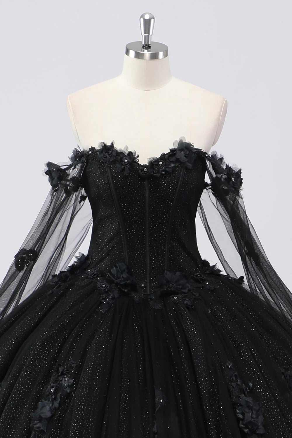 Ball Gown Off the Shoulder Black Tulle Quinceanera Dress with 3D Flowers