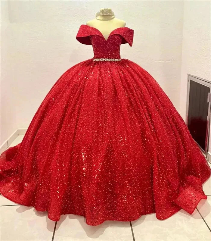 Ball Gown Princess Red Quinceanera Dresses Beaded Birthday Sweet 15 Dress