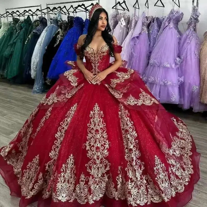 Ball Gown Red Gold Quinceanera Dress Lace Applique Off Shoulder