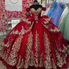 Ball Gown Red Gold Quinceanera Dress Lace Applique Off Shoulder