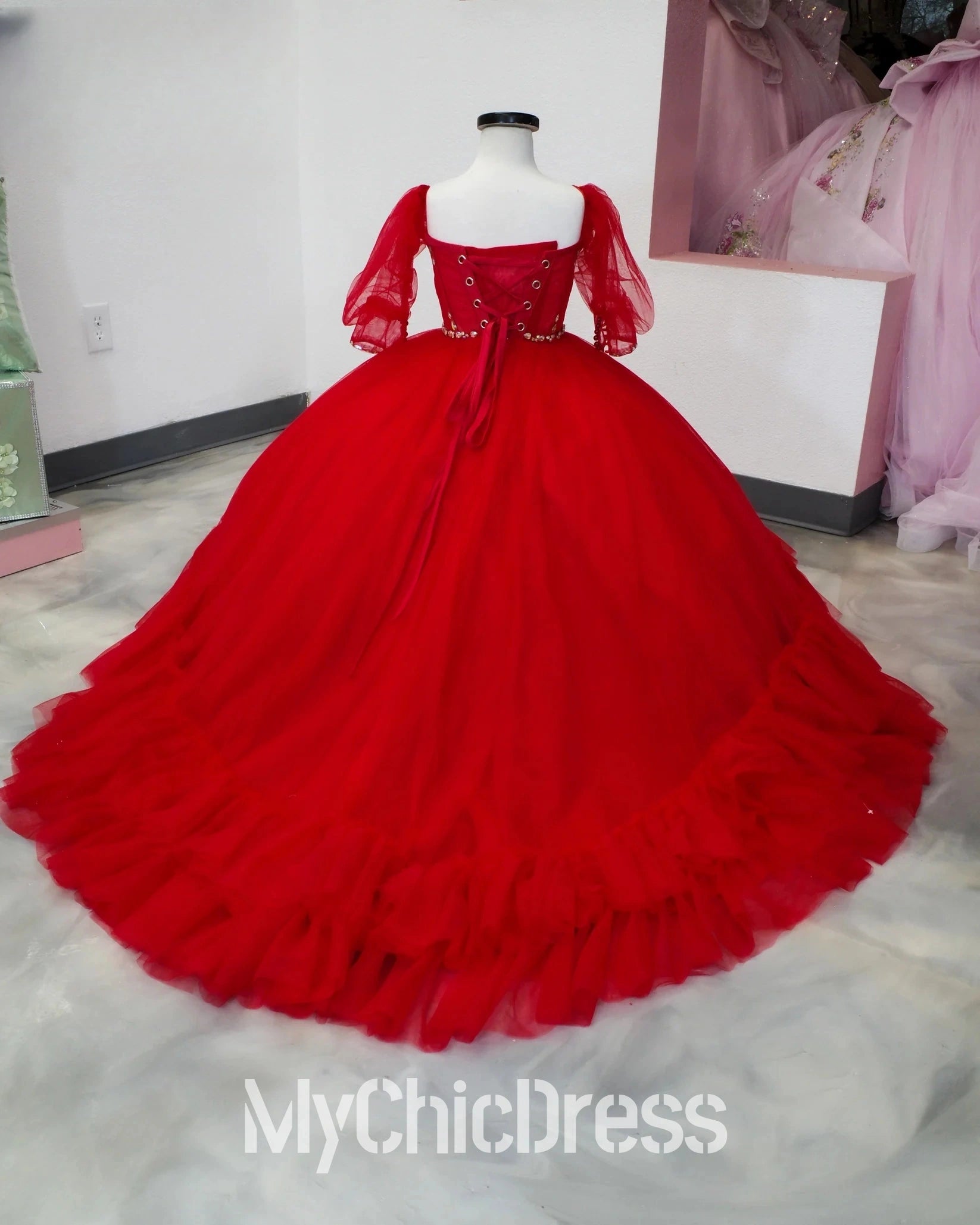 Ball Gown Tulle Girls Red Mini Quinceanera Dress with Rhinestones Mychicdress