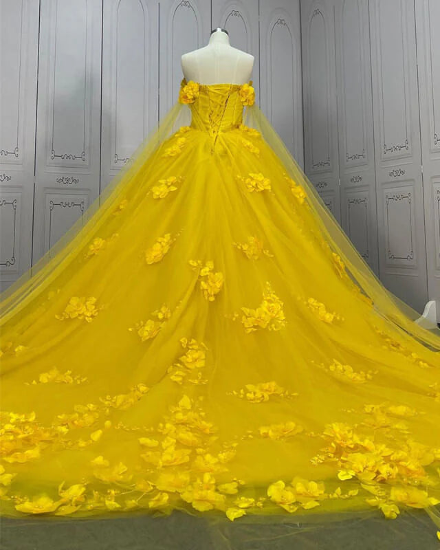 Ball Gown Yellow Sweet 16 Dresses 3D Flowers Beaded off the Shoulder With Cape Mychicdress