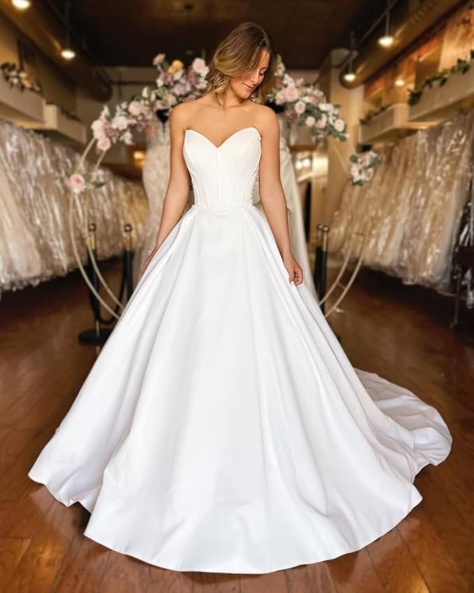 Beach Satin Strapless Corset Wedding Dress for Bride Mychicdress