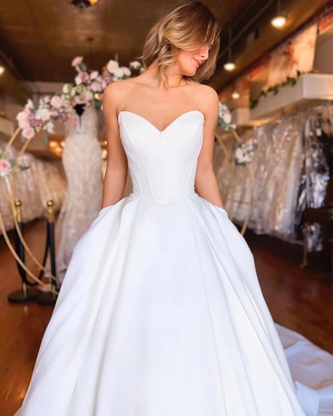 Beach Satin Strapless Corset Wedding Dress for Bride Mychicdress