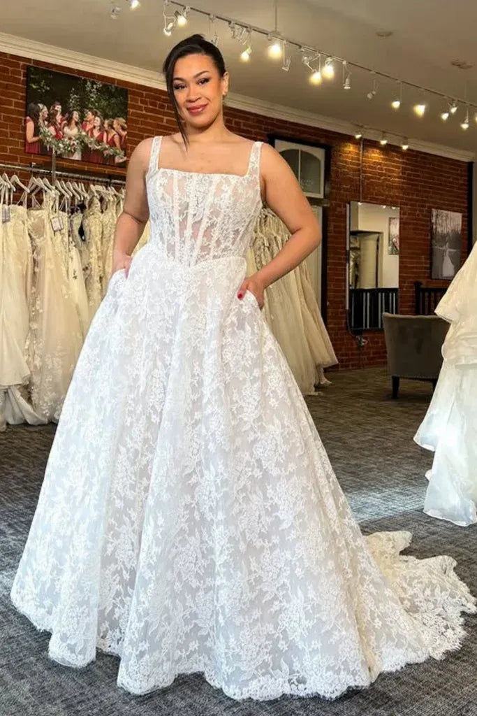 Beach Square Neck White Lace Wedding Dress A Line Bridal Gown