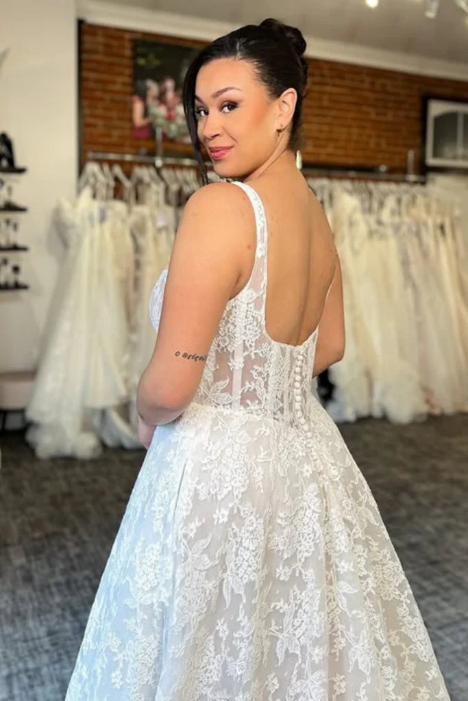 Beach Square Neck White Lace Wedding Dress A Line Bridal Gown