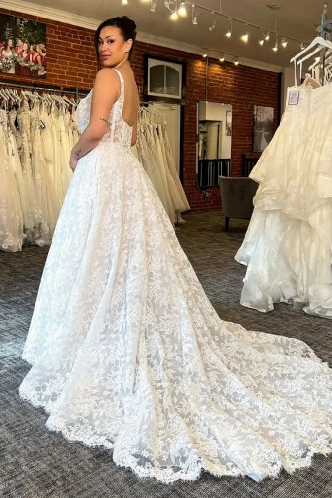 Beach Square Neck White Lace Wedding Dress A Line Bridal Gown