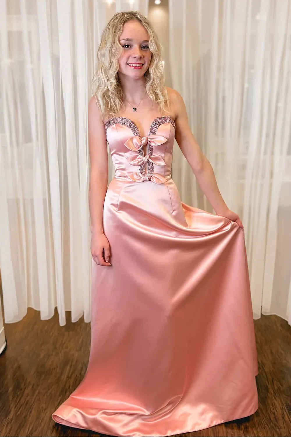Beaded Pink Prom Dresses Strapless Satin Long Evening Dress