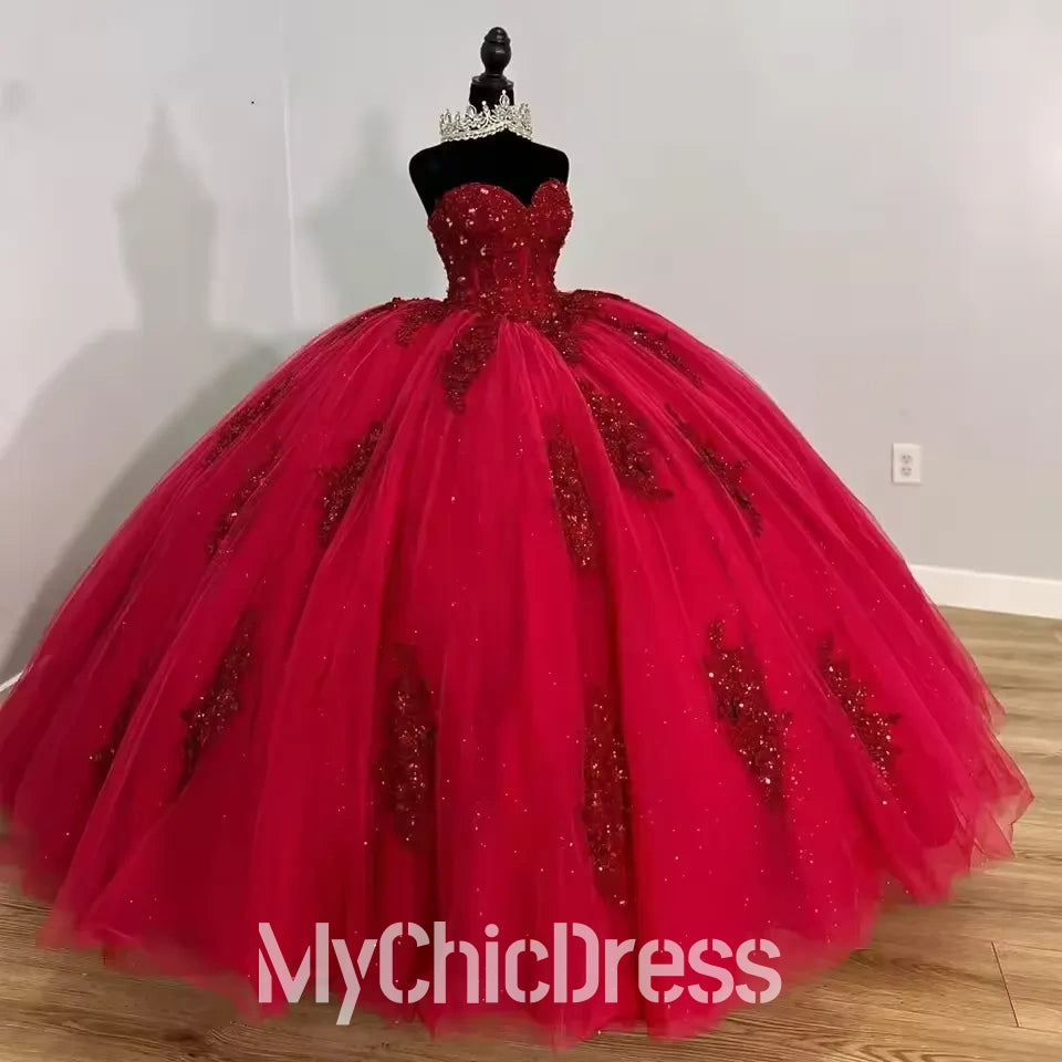 Birthday Party Strapless Red Quinceanera Dresses Tulle Applique Bow