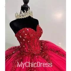 Birthday Party Strapless Red Quinceanera Dresses Tulle Applique Bow