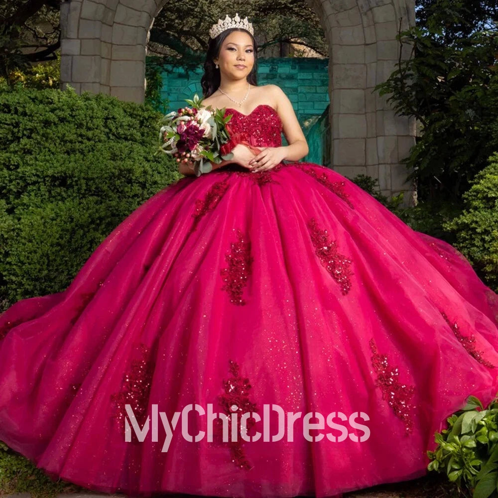 Birthday Party Strapless Red Quinceanera Dresses Tulle Applique Bow