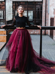 Black 2 Piece Wedding Dress With Sleeves,Black Burgundy Wedding Dress Mychicdress