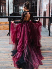Black 2 Piece Wedding Dress With Sleeves,Black Burgundy Wedding Dress Mychicdress