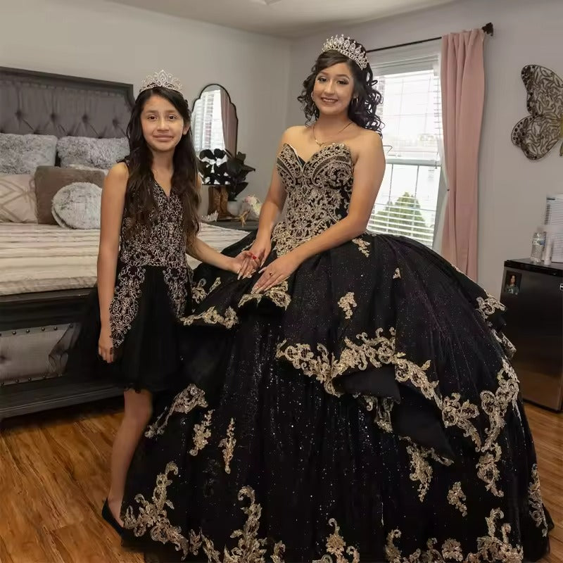 Black And Gold Quinceanera Dress Strapless, Princess Vestidos De 15 Anos Mychicdress