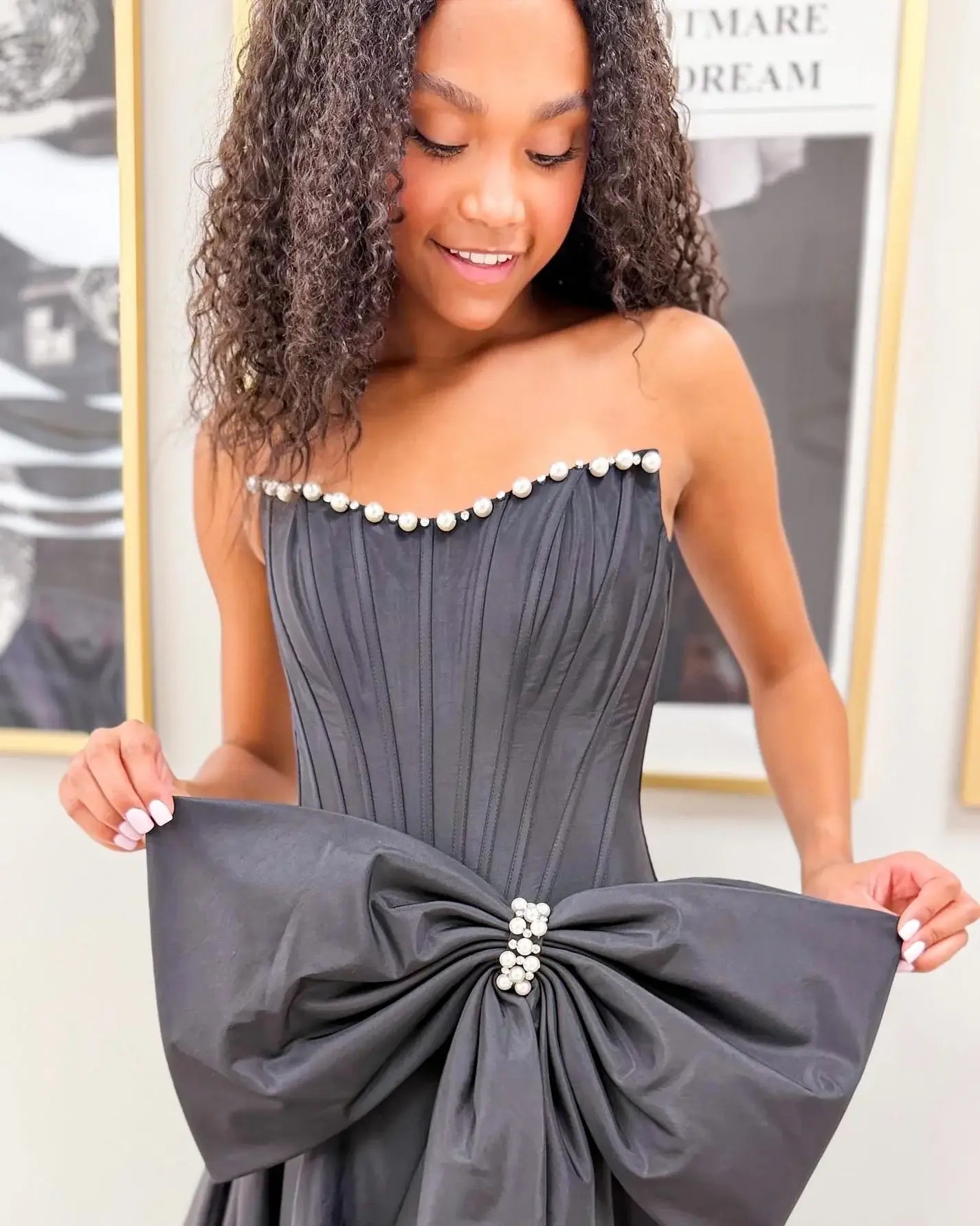 Black Corset Crystal Prom Dresses Satin Strapless with Bowknot