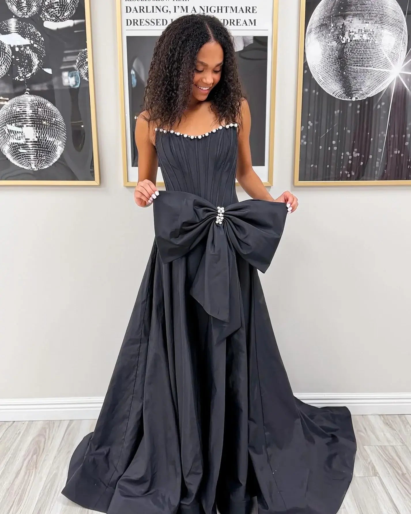 Satin Strapless Evening Dress Black Corset Crystal Prom Dresses  with Bowknot