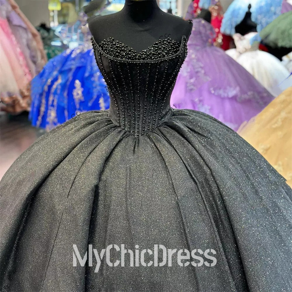 Black Glitter Sweet 16 Quinceanera Dress Corset Off Shoulder Birthday Gowns Mychicdress