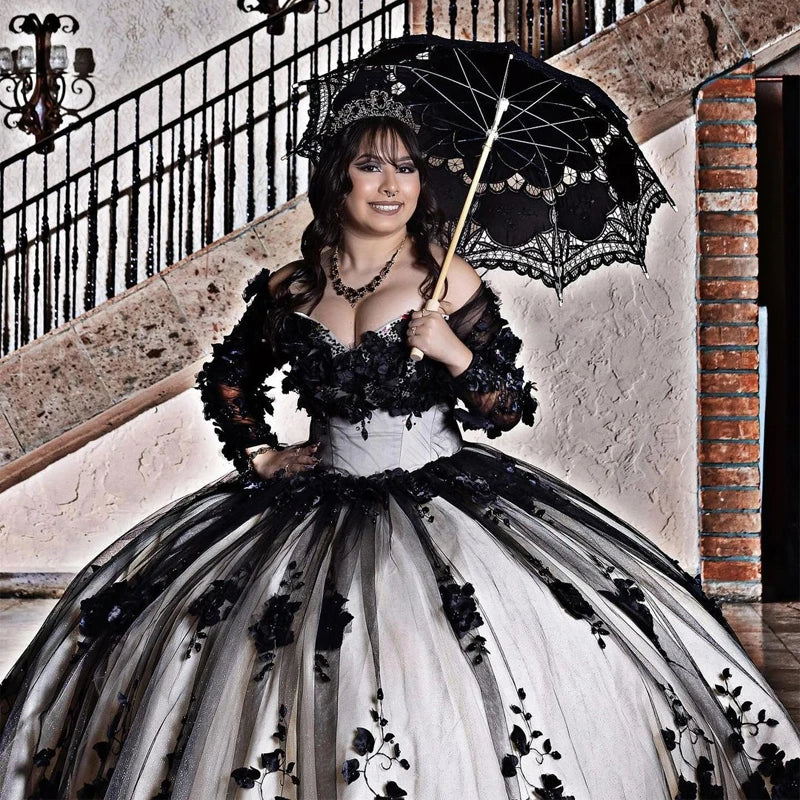 Black Long Sleeves Quinceanera Dress Corset 3D Flowers Beading Crystal