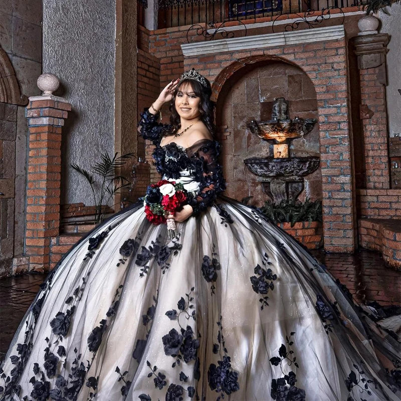 Black Long Sleeves Quinceanera Dress Corset 3D Flowers Beading Crystal