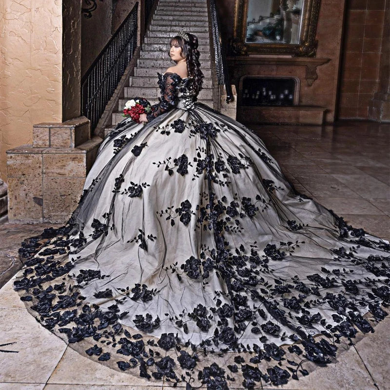 Black Long Sleeves Quinceanera Dress Corset 3D Flowers Beading Crystal