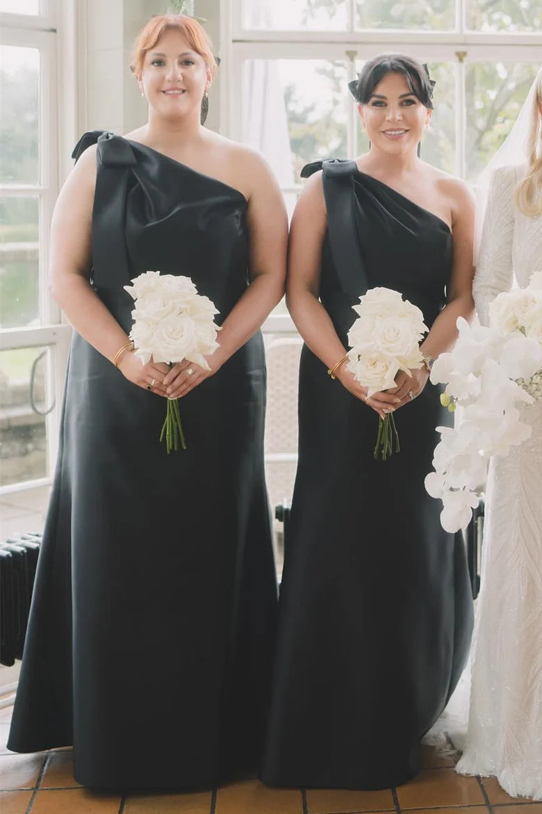 Black One-Shoulder Dress for Bridesmaids with Bow Strap