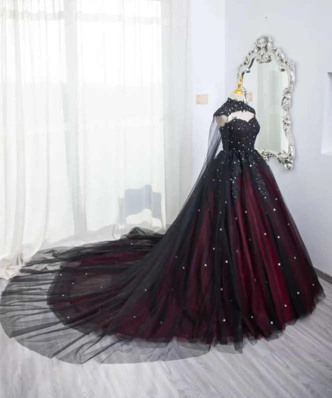 Black Red Wedding Dress with Cape for Brides Lace Appliques Beaded