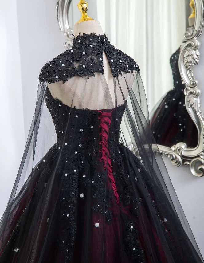 Black Red Wedding Dress with Cape for Brides Lace Appliques Beaded