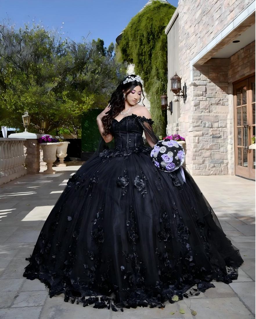 Black Sweet 16 Quinceanera Dress Cape Sleeve Sweetheart Beaded 3D Flowers