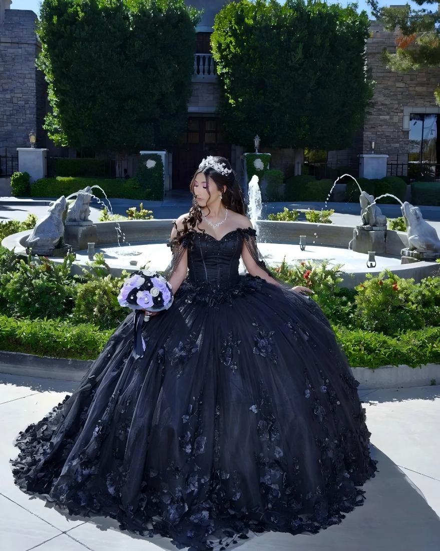 Black Sweet 16 Quinceanera Dress Cape Sleeve Sweetheart Beaded 3D Flowers
