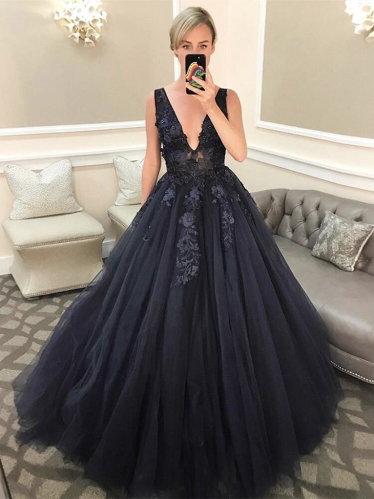 A-Line V Neck Black Lace Prom Dresses Appliques Evening Dress Long MyChicDress