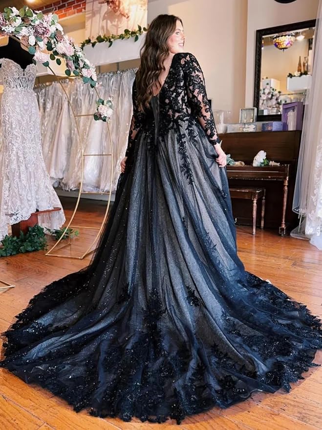 Plus Size Long Sleeve Black Wedding Dresses Gothic Lace Bridal Gown