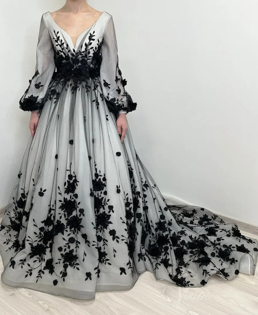 Black White Wedding Dress Floral Long Puff Sleeves with 3D Flowers Mychicdress