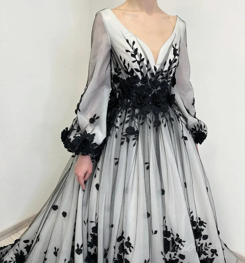 Black White Wedding Dress Floral Long Puff Sleeves with 3D Flowers Mychicdress