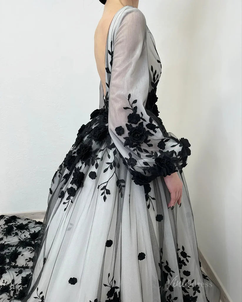 Black White Wedding Dress Floral Long Puff Sleeves with 3D Flowers Mychicdress