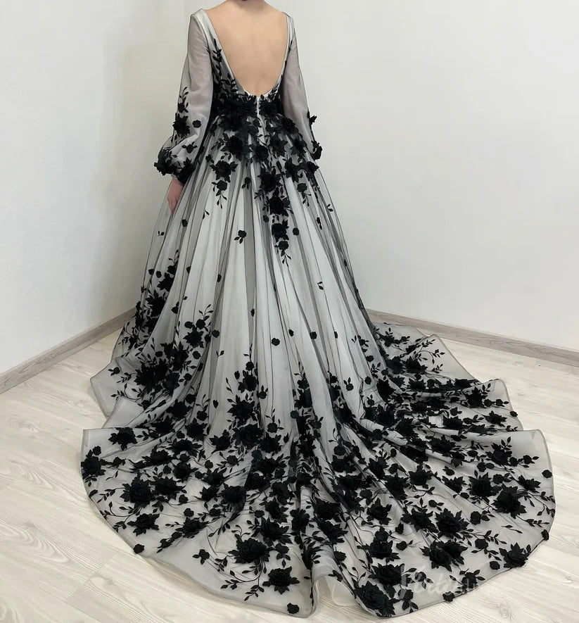 Black White Wedding Dress Floral Long Puff Sleeves with 3D Flowers Mychicdress