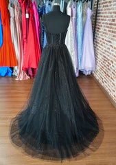 Vestidos de fiesta de encaje negro brillante 2024 Vestido formal largo de tul Correas espaguetis