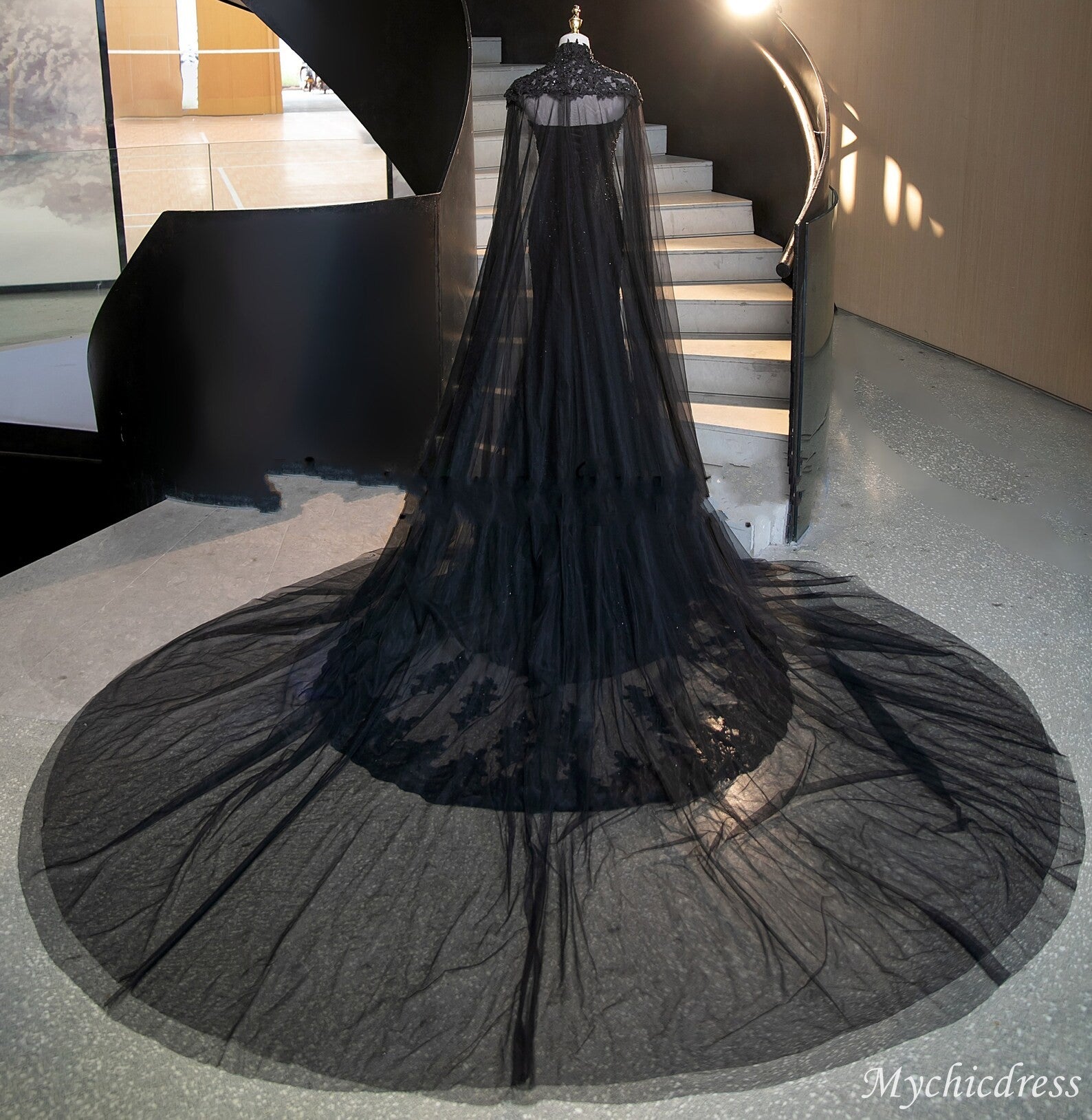 Long Lace Fitted Mermaid Black Wedding Dresses Corset with Cape - MyChicDress