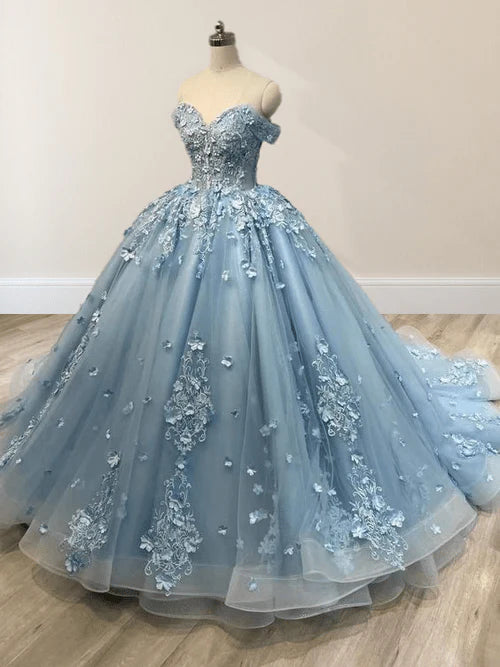 Gorgeous blue Quinceanera Dress 3D Lace Ball Gown Dress