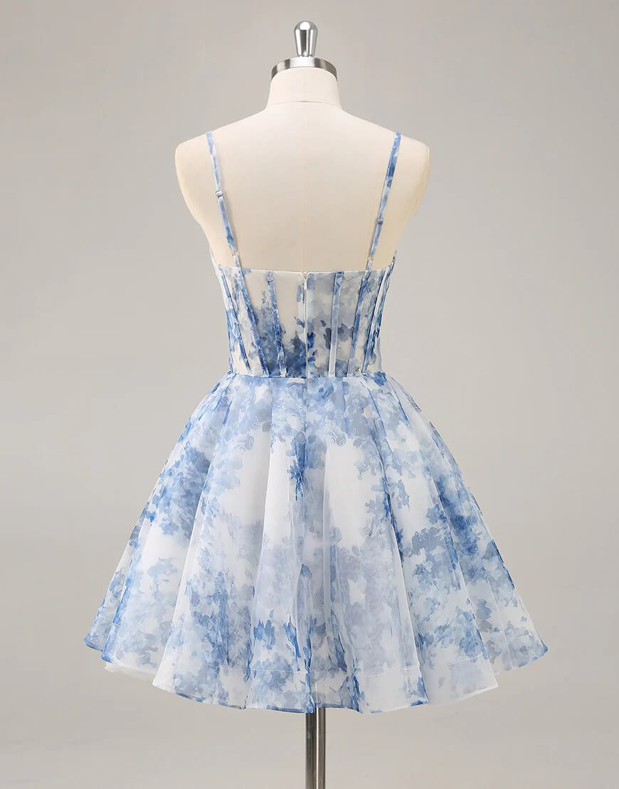 Blue Floral Homecoming Dress Corset Print Short Prom Dress A Line