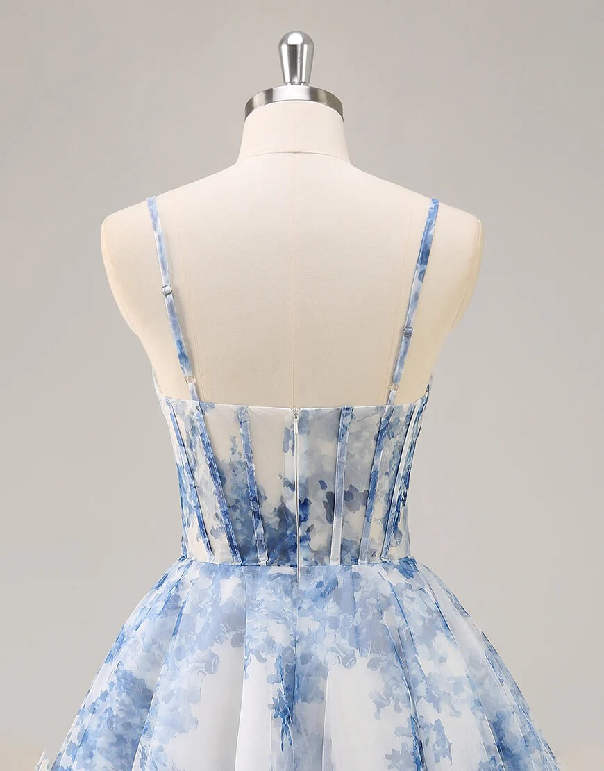 Blue Floral Homecoming Dress Corset Print Short Prom Dress A Line