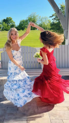 Blue Floral Senior Prom Dress Ruffles Tiered Evening Dress UK Mychicdress