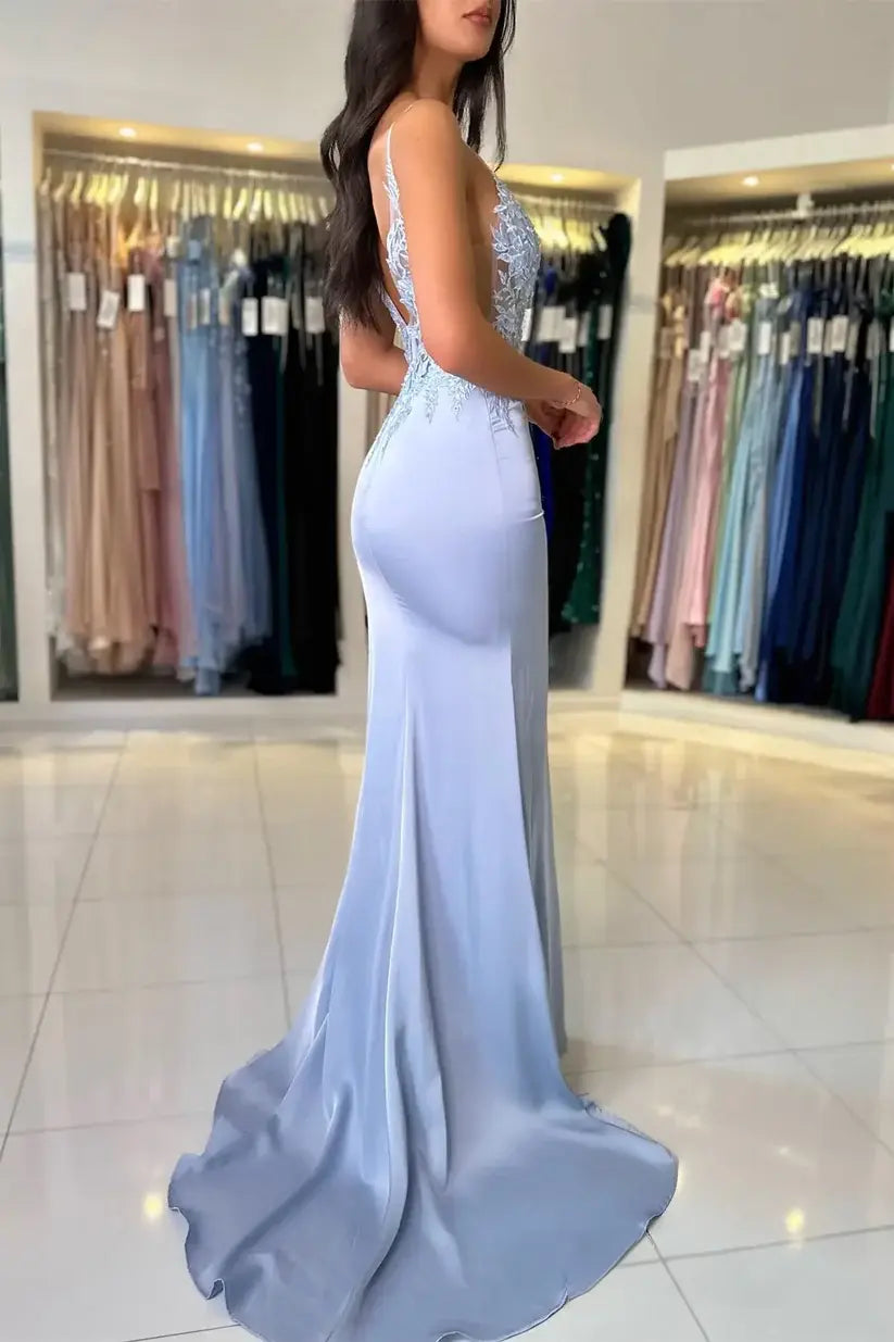 Blue Lace Evening Dress Mermaid Long Prom Dress with high slit