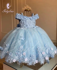 Mychicdress blue Pageant Girl Dresses Pearls Lace Flower Girl Dress Sleeveless