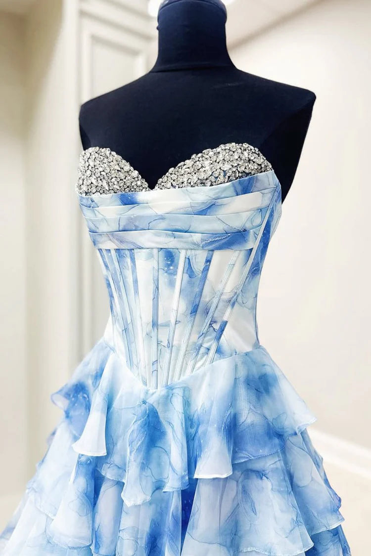 Blue Ruffle Prom Dress Corset Beaded Sweetheart with Slit