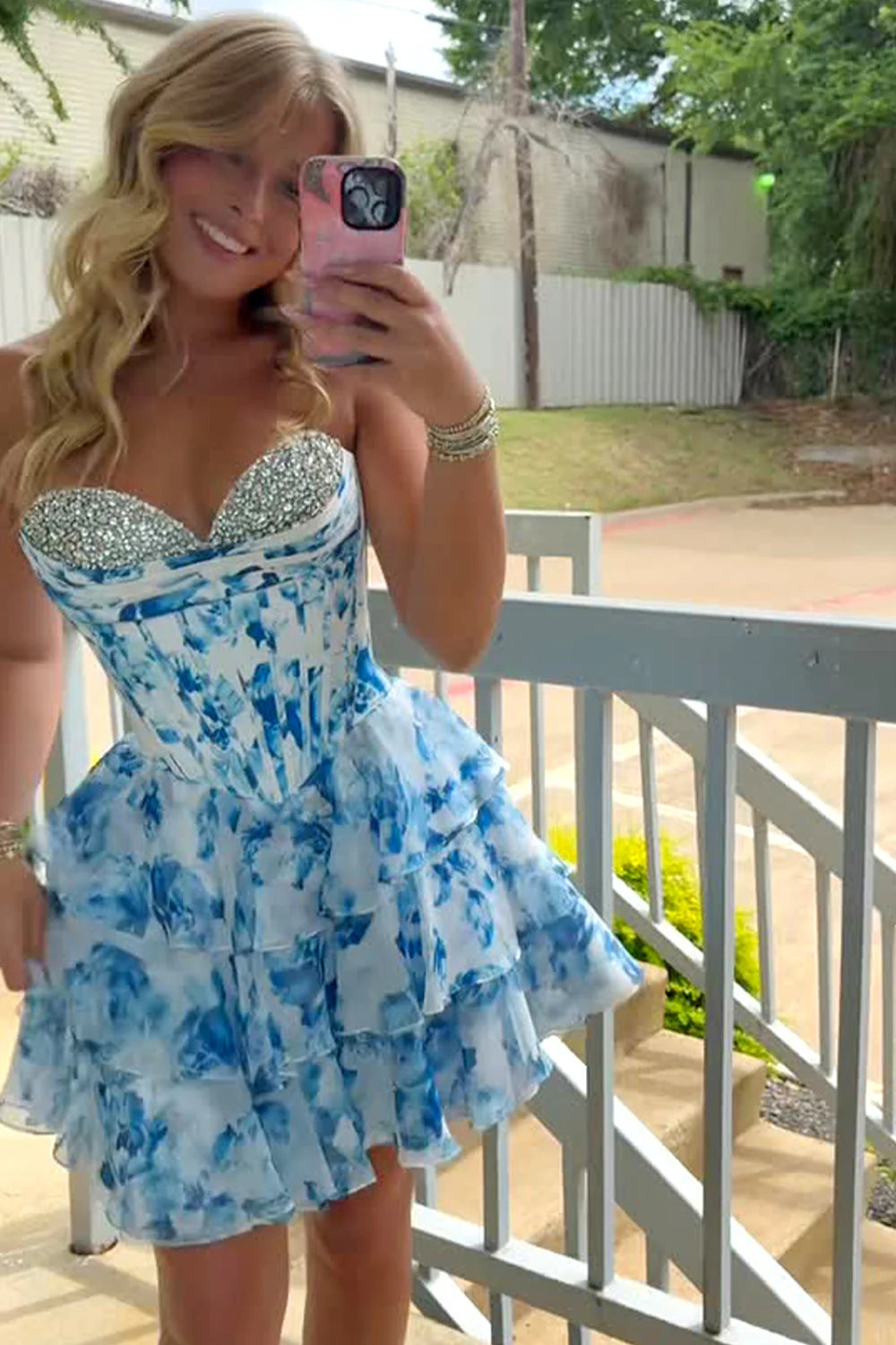 Short Homecoming Dress blue Beaded Floral Sweetheart with Ruffle