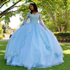 Long Sleeves Sweet 16 Dresses Lace blue Quinceanera Dresses